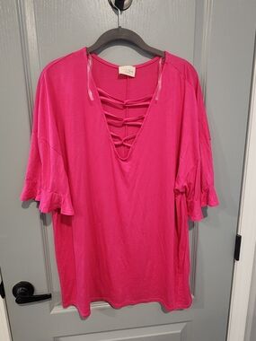 Women's Fuchsia Strappy V-Neck Top with Ruffle Sleeves